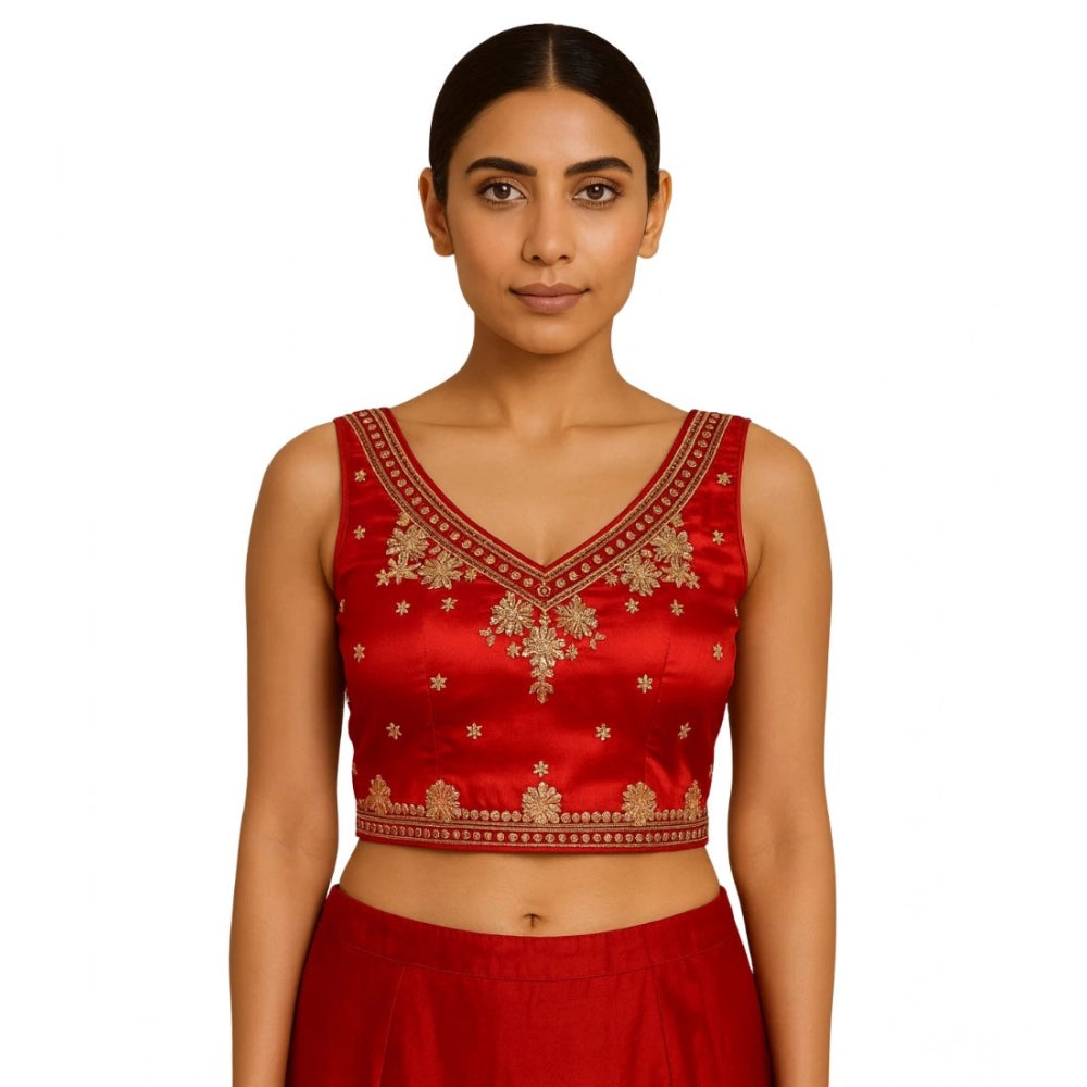 Amfyn Women's Silk Embroidered V-Neck Sleeveless Readymade Padded Blouse (Red, Size 38)