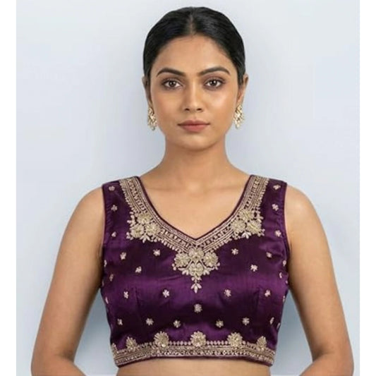Amfyn Women's Silk Embroidered V-Neck Sleeveless Readymade Padded Blouse (Wine, Size 38)