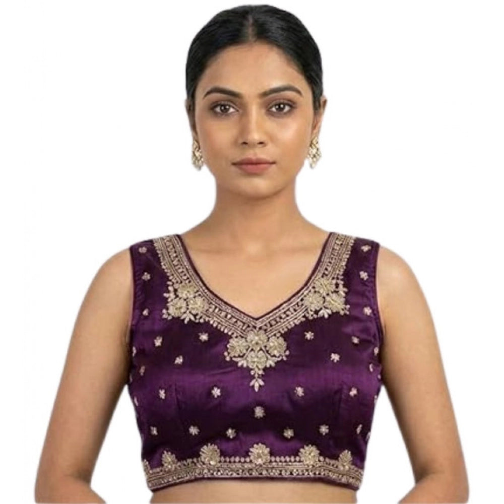 Amfyn Women's Silk Embroidered V-Neck Sleeveless Readymade Padded Blouse (Wine, Size 38)
