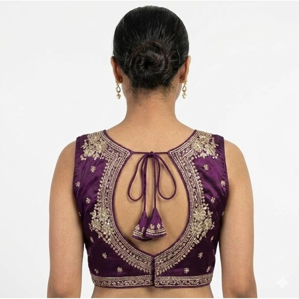 Amfyn Women's Silk Embroidered V-Neck Sleeveless Readymade Padded Blouse (Wine, Size 38)