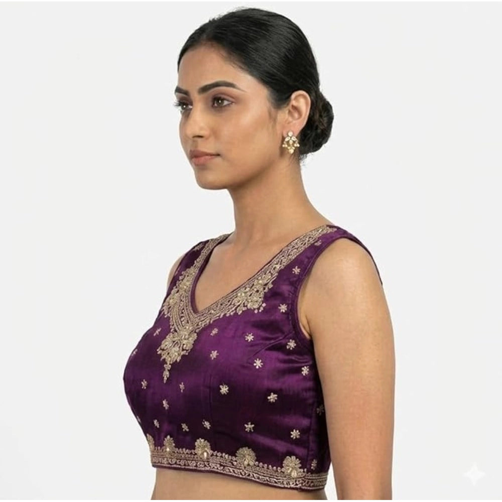 Amfyn Women's Silk Embroidered V-Neck Sleeveless Readymade Padded Blouse (Wine, Size 38)