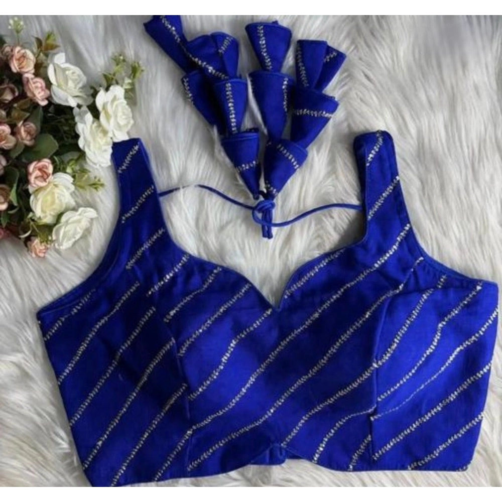 Amfyn Women's Silk Embellished Sweetheart Neck Sleeveless Readymade Padded Blouse (Blue, Size 38)