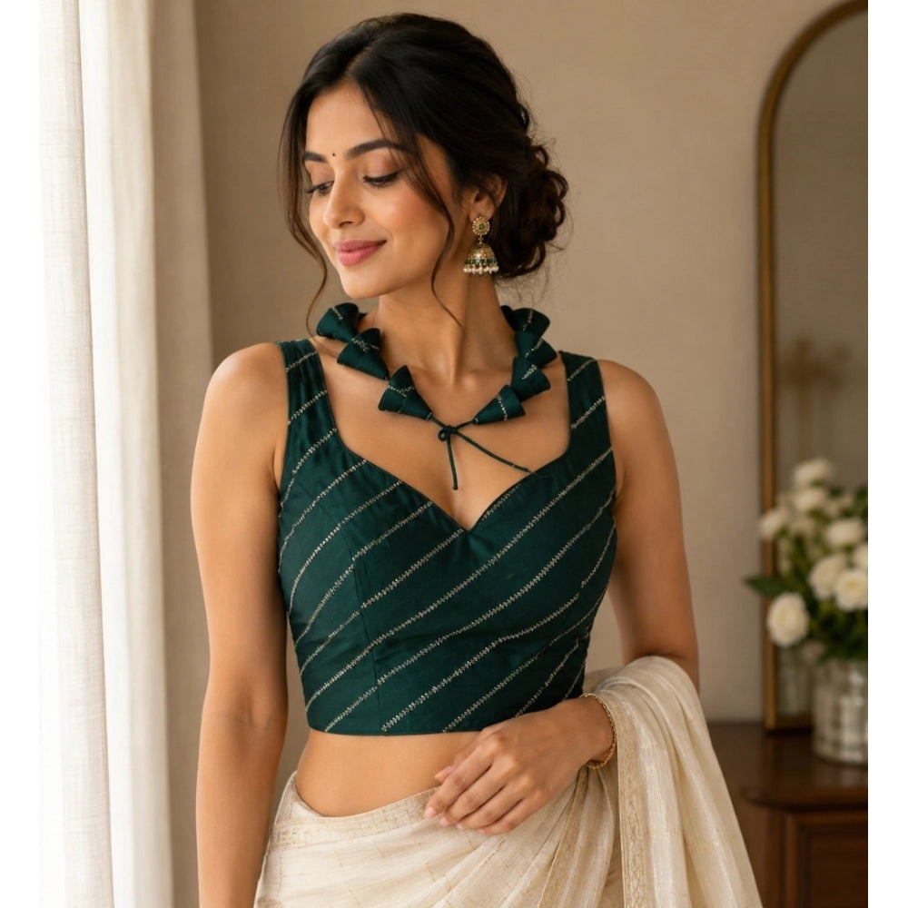 Amfyn Women's Silk Embellished Sweetheart Neck Sleeveless Readymade Padded Blouse (Green, Size 38)
