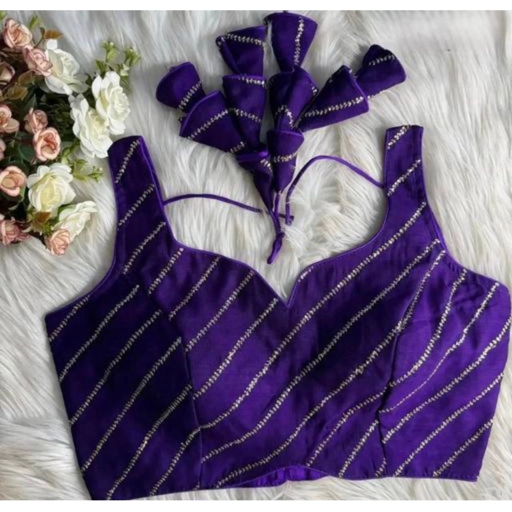 Amfyn Women's Silk Embellished Sweetheart Neck Sleeveless Readymade Padded Blouse (Purple, Size 38)