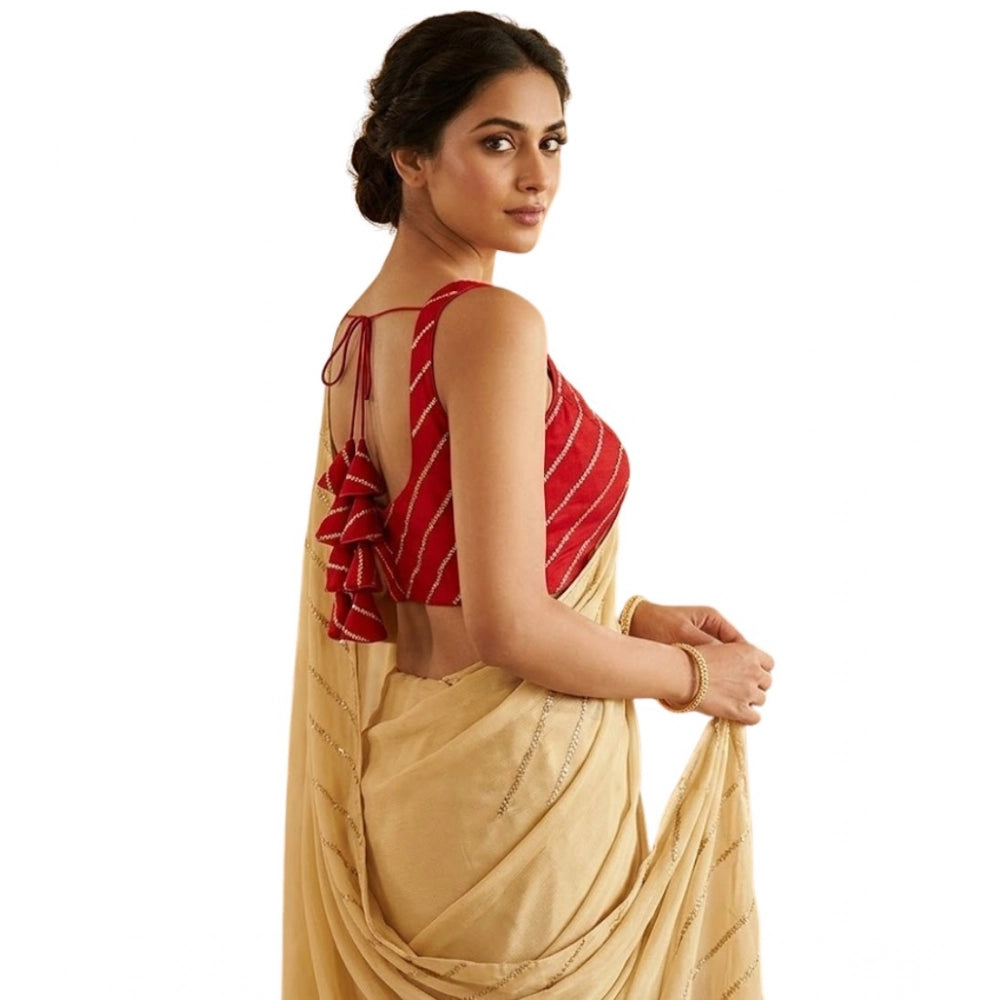 Amfyn Women's Silk Embellished Sweetheart Neck Sleeveless Readymade Padded Blouse (Red, Size 38)