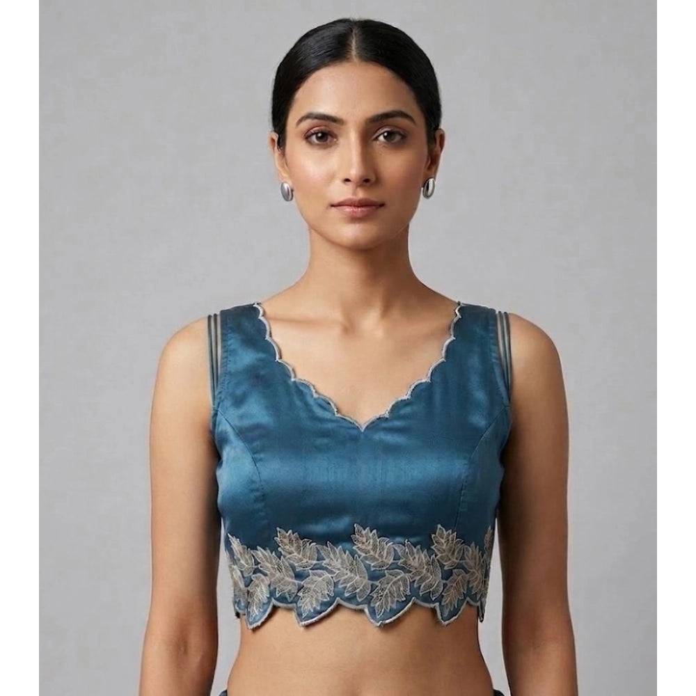 Amfyn Women's Silk Embroidered Sweetheart Neck Sleeveless Readymade Padded Blouse (Blue, Size 38)
