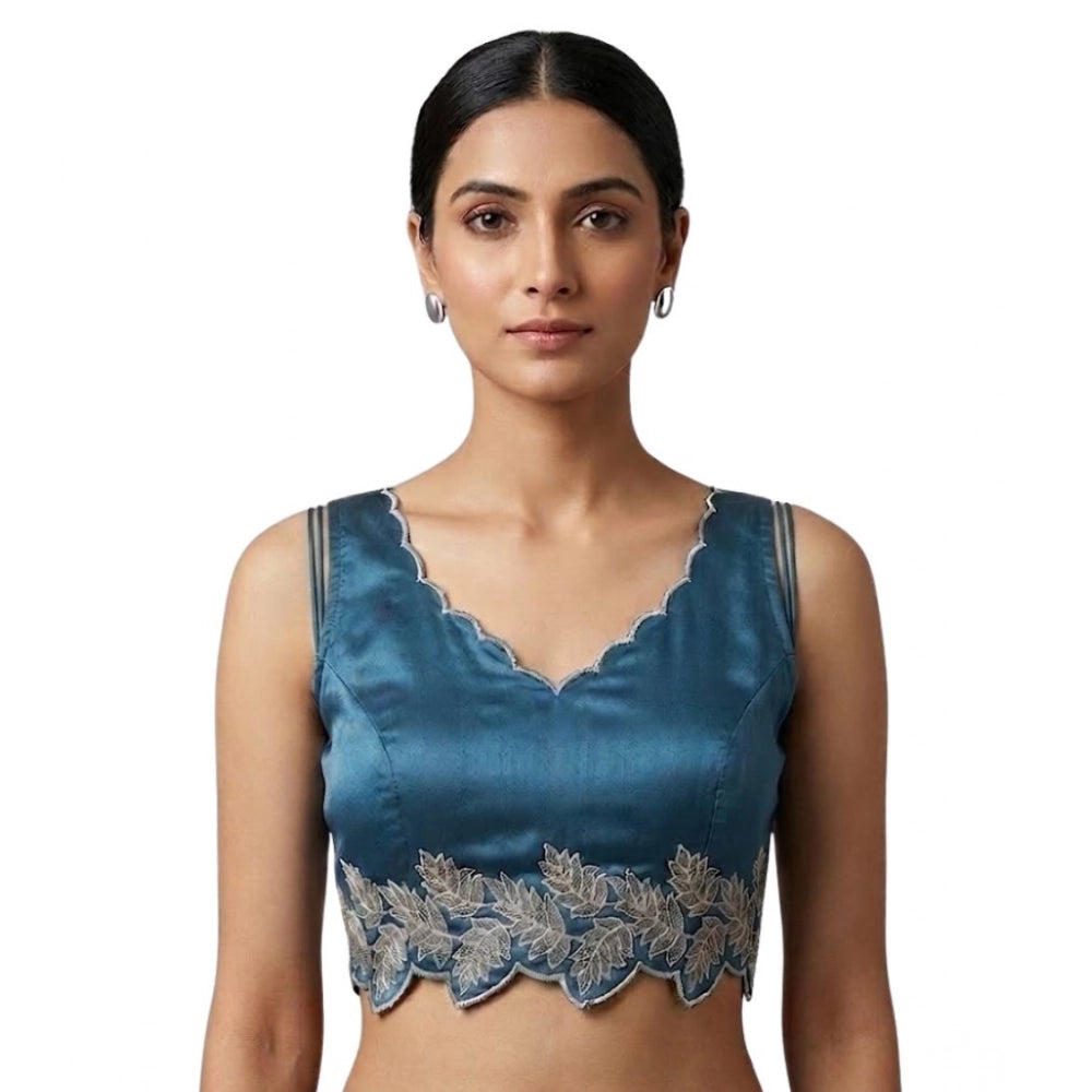Amfyn Women's Silk Embroidered Sweetheart Neck Sleeveless Readymade Padded Blouse (Blue, Size 38)