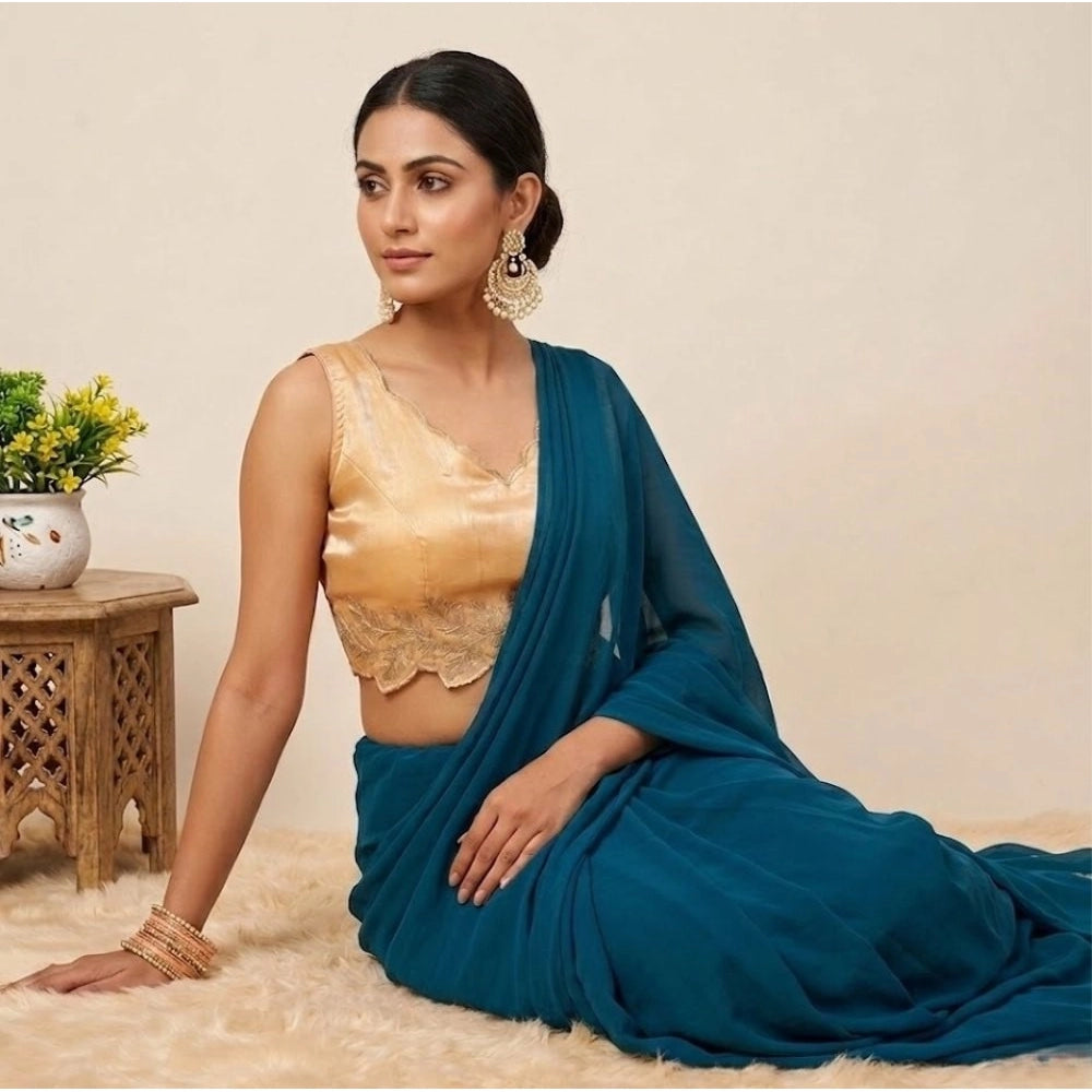 Amfyn Women's Silk Embroidered Sweetheart Neck Sleeveless Readymade Padded Blouse (Gold, Size 38)