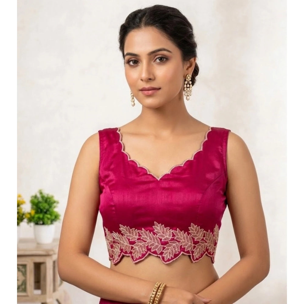 Amfyn Women's Silk Embroidered Sweetheart Neck Sleeveless Readymade Padded Blouse (Pink, Size 38)