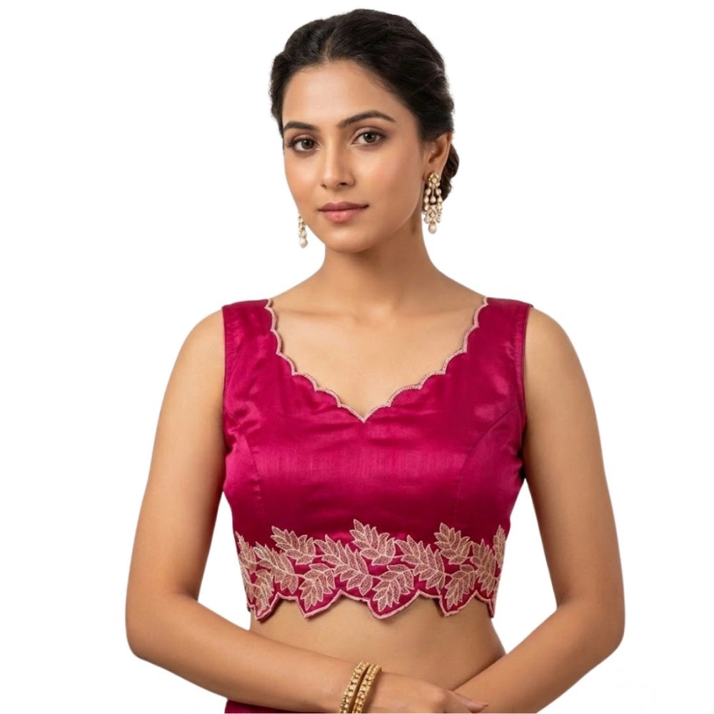 Amfyn Women's Silk Embroidered Sweetheart Neck Sleeveless Readymade Padded Blouse (Pink, Size 38)