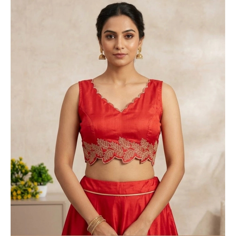 Amfyn Women's Silk Embroidered Sweetheart Neck Sleeveless Readymade Padded Blouse (Red, Size 38)
