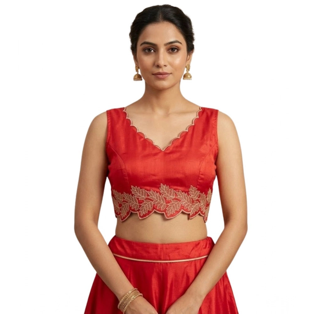 Amfyn Women's Silk Embroidered Sweetheart Neck Sleeveless Readymade Padded Blouse (Red, Size 38)