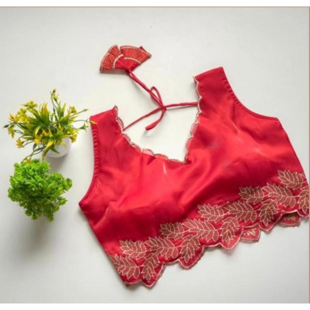 Amfyn Women's Silk Embroidered Sweetheart Neck Sleeveless Readymade Padded Blouse (Red, Size 38)