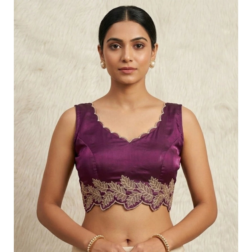 Amfyn Women's Silk Embroidered Sweetheart Neck Sleeveless Readymade Padded Blouse (Wine, Size 38)
