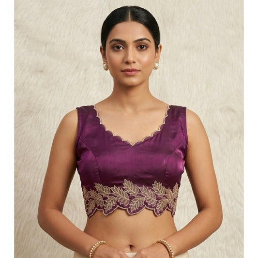 Amfyn Women's Silk Embroidered Sweetheart Neck Sleeveless Readymade Padded Blouse (Wine, Size 38)