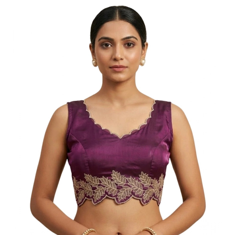 Amfyn Women's Silk Embroidered Sweetheart Neck Sleeveless Readymade Padded Blouse (Wine, Size 38)