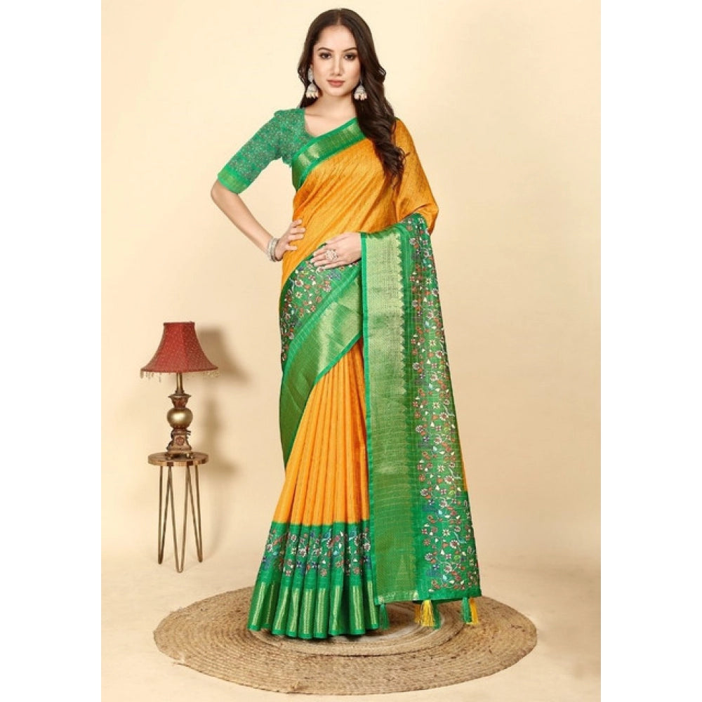 Amfyn Women's Cotton Silk Printed Saree With Unstitched Blouse 5.5Mtr (Yellow Green)