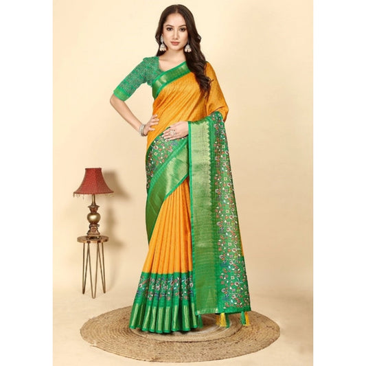 Amfyn Women's Cotton Silk Printed Saree With Unstitched Blouse 5.5Mtr (Yellow Green)