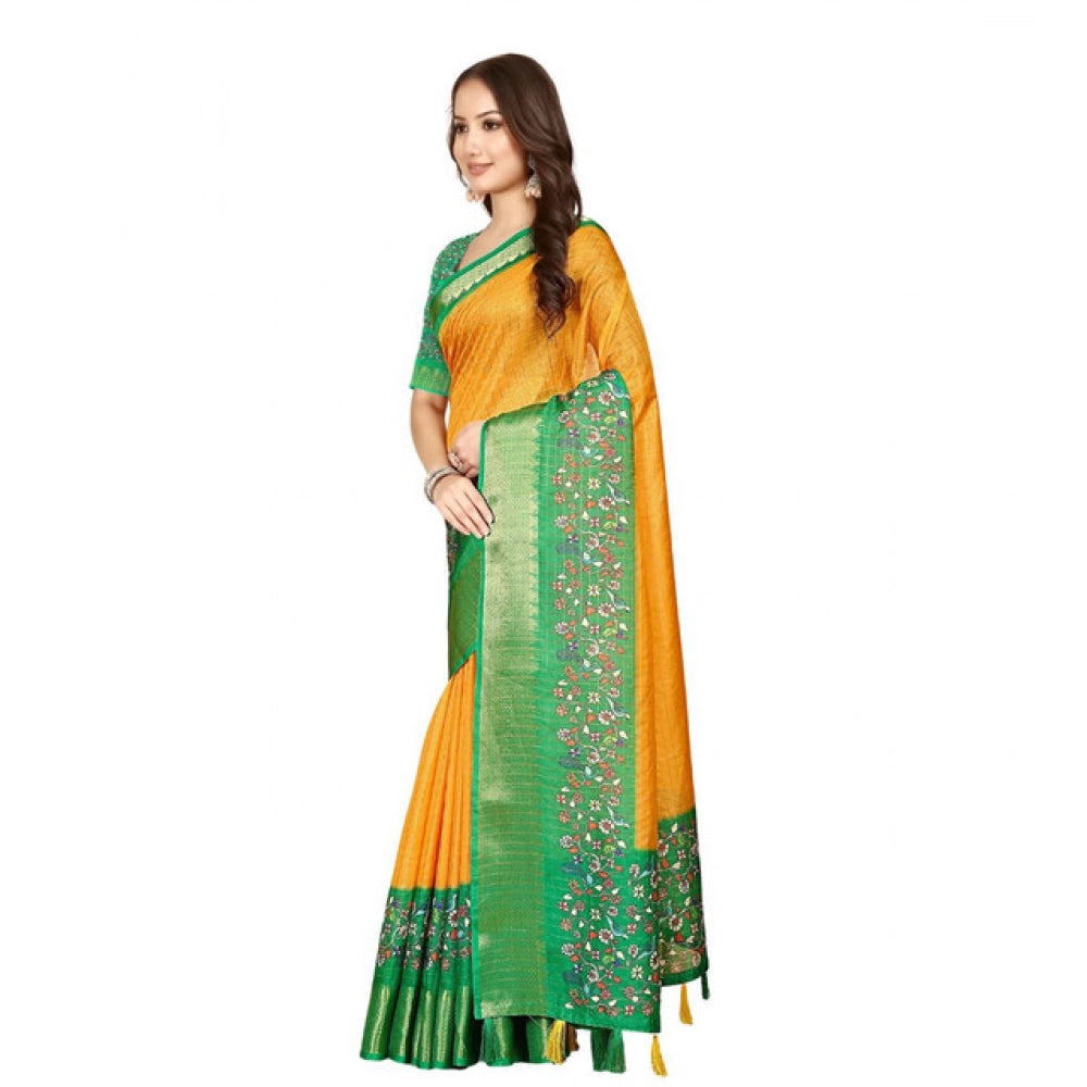 Amfyn Women's Cotton Silk Printed Saree With Unstitched Blouse 5.5Mtr (Yellow Green)