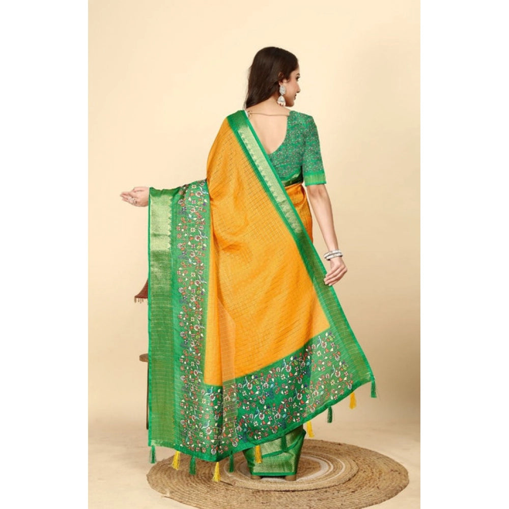 Amfyn Women's Cotton Silk Printed Saree With Unstitched Blouse 5.5Mtr (Yellow Green)