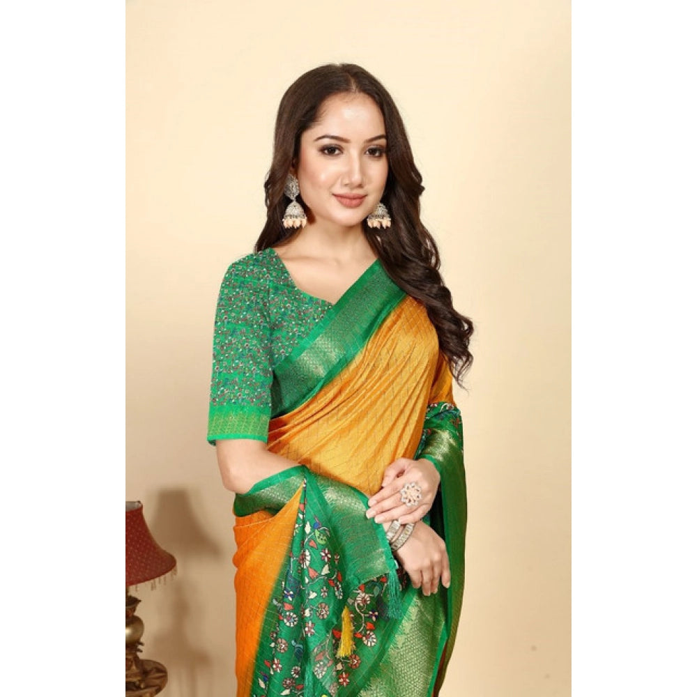 Amfyn Women's Cotton Silk Printed Saree With Unstitched Blouse 5.5Mtr (Yellow Green)