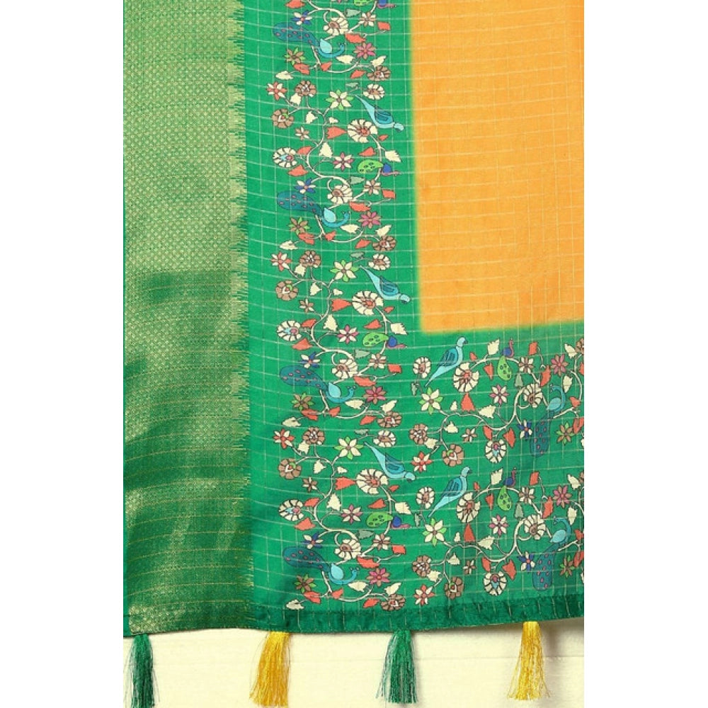 Amfyn Women's Cotton Silk Printed Saree With Unstitched Blouse 5.5Mtr (Yellow Green)