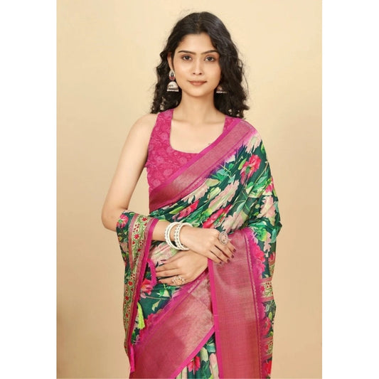 Amfyn Women's Cotton Silk Floral Printed Saree With Unstitched Blouse 5.5Mtr (Green)