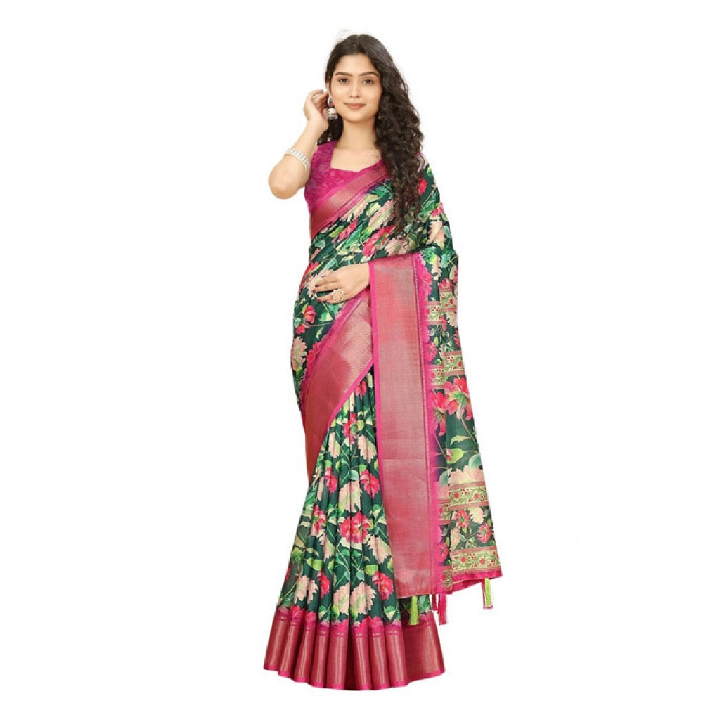 Amfyn Women's Cotton Silk Floral Printed Saree With Unstitched Blouse 5.5Mtr (Green)