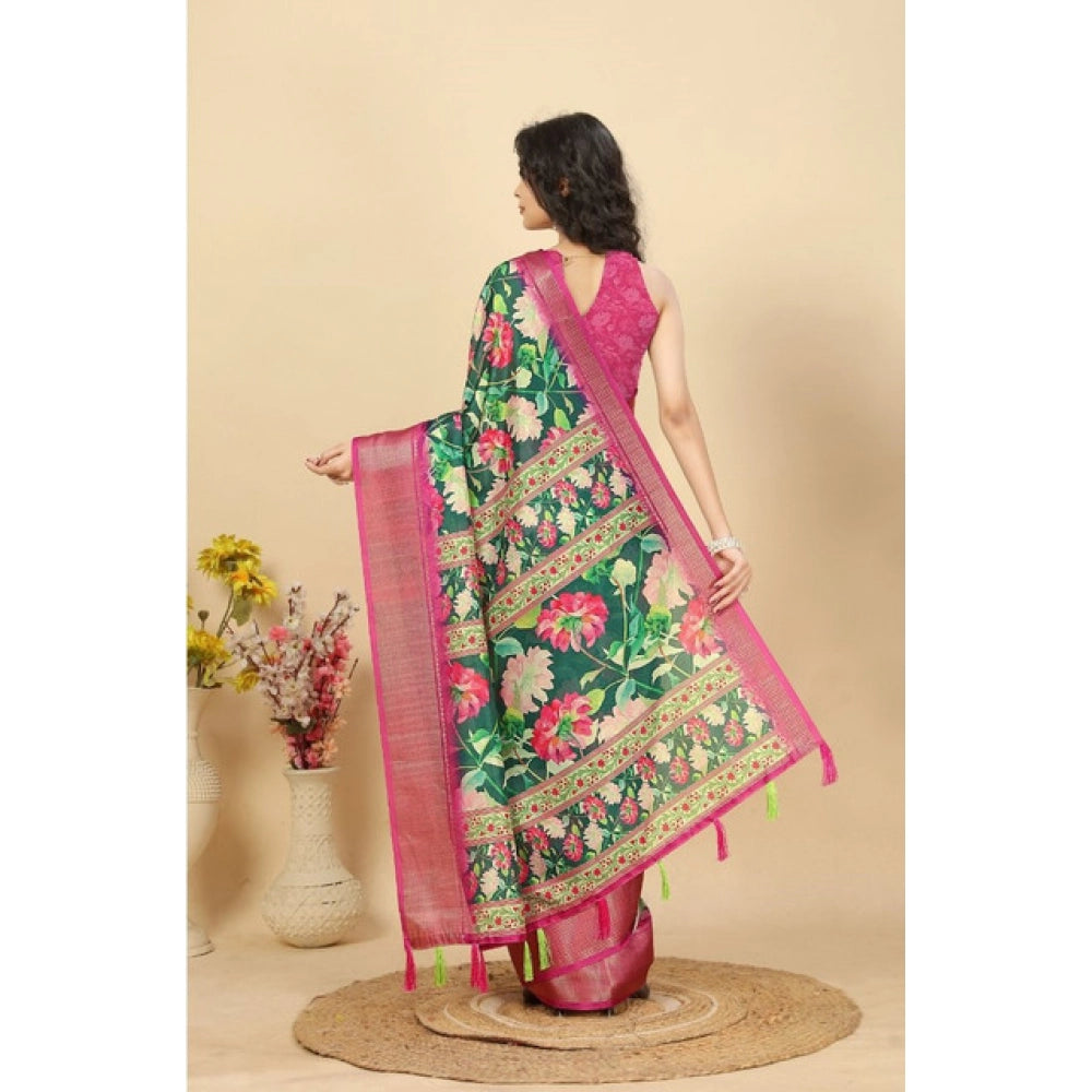Amfyn Women's Cotton Silk Floral Printed Saree With Unstitched Blouse 5.5Mtr (Green)