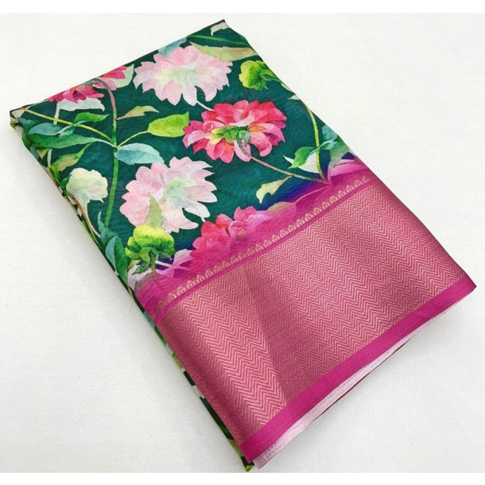 Amfyn Women's Cotton Silk Floral Printed Saree With Unstitched Blouse 5.5Mtr (Green)