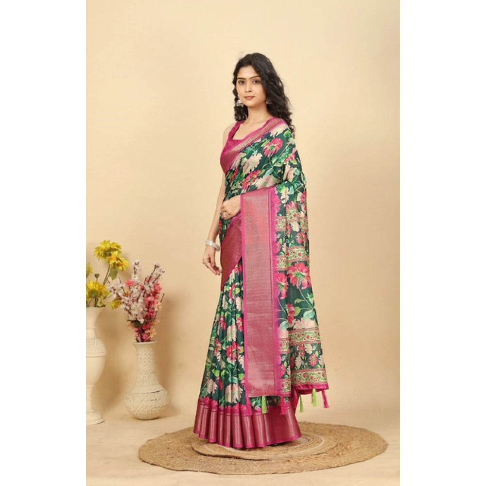 Amfyn Women's Cotton Silk Floral Printed Saree With Unstitched Blouse 5.5Mtr (Green)