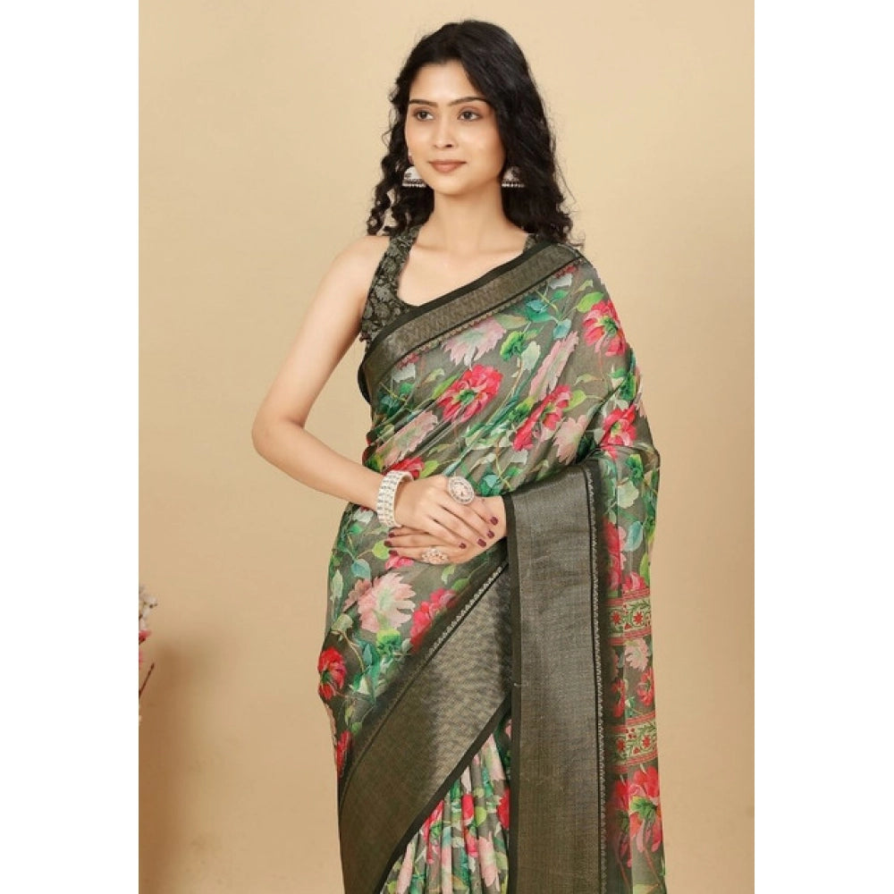 Amfyn Women's Cotton Silk Floral Printed Saree With Unstitched Blouse 5.5Mtr (Grey)