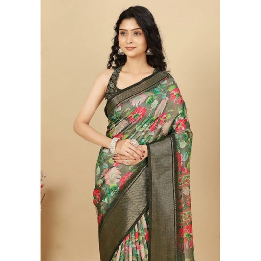 Amfyn Women's Cotton Silk Floral Printed Saree With Unstitched Blouse 5.5Mtr (Grey)