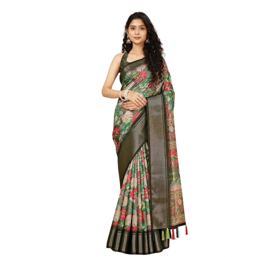 Amfyn Women's Cotton Silk Floral Printed Saree With Unstitched Blouse 5.5Mtr (Grey)
