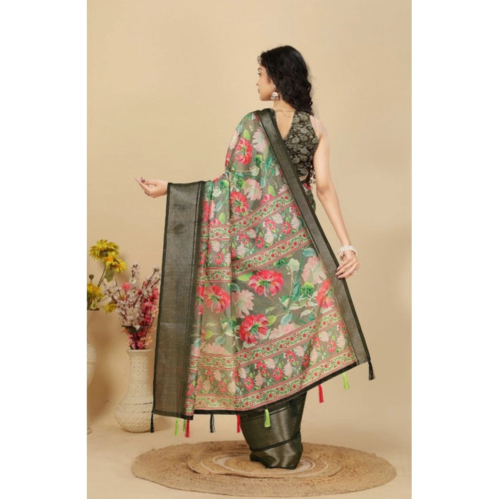 Amfyn Women's Cotton Silk Floral Printed Saree With Unstitched Blouse 5.5Mtr (Grey)