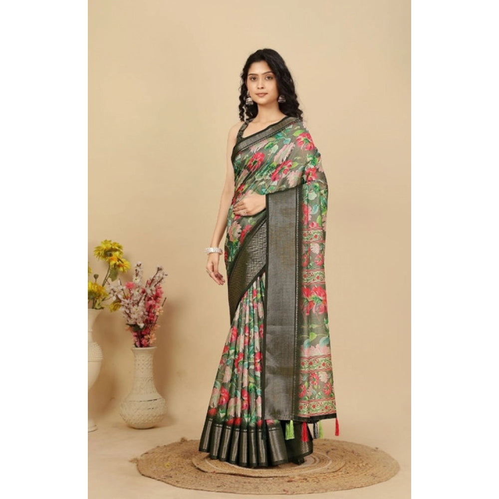Amfyn Women's Cotton Silk Floral Printed Saree With Unstitched Blouse 5.5Mtr (Grey)