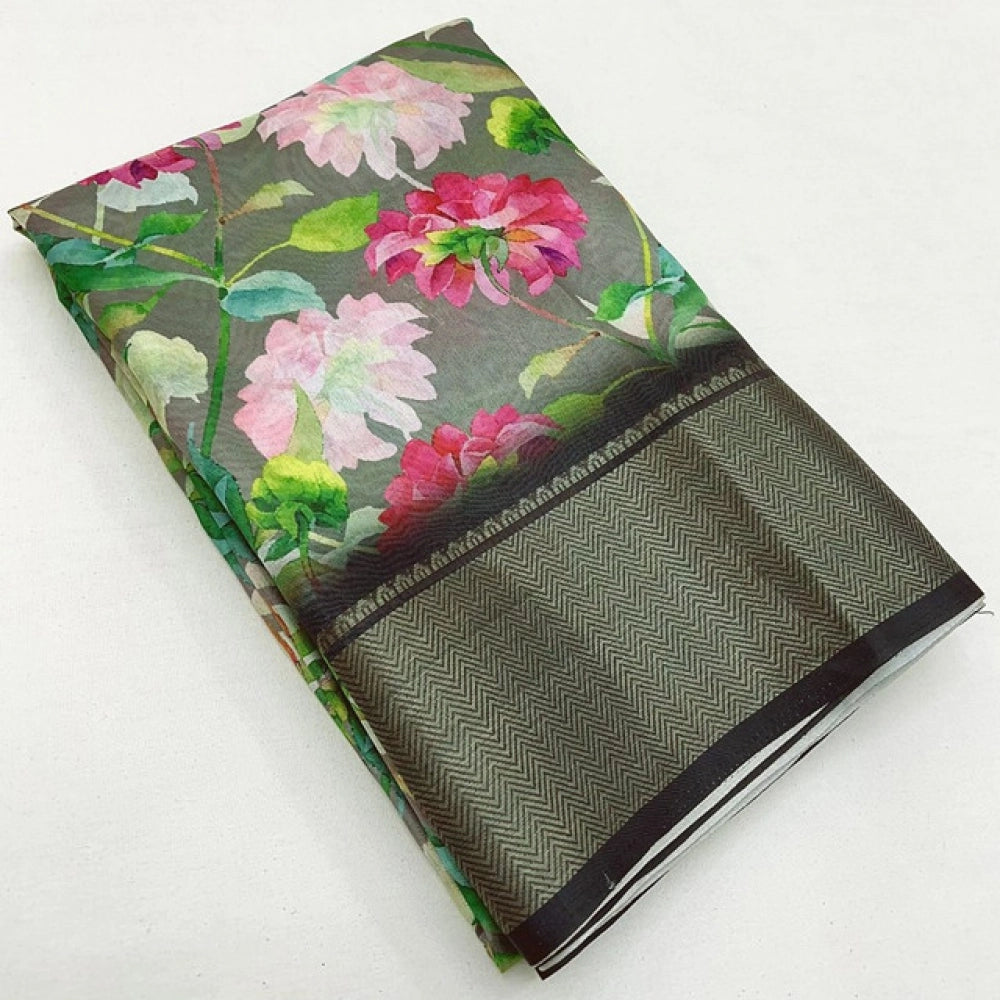 Amfyn Women's Cotton Silk Floral Printed Saree With Unstitched Blouse 5.5Mtr (Grey)