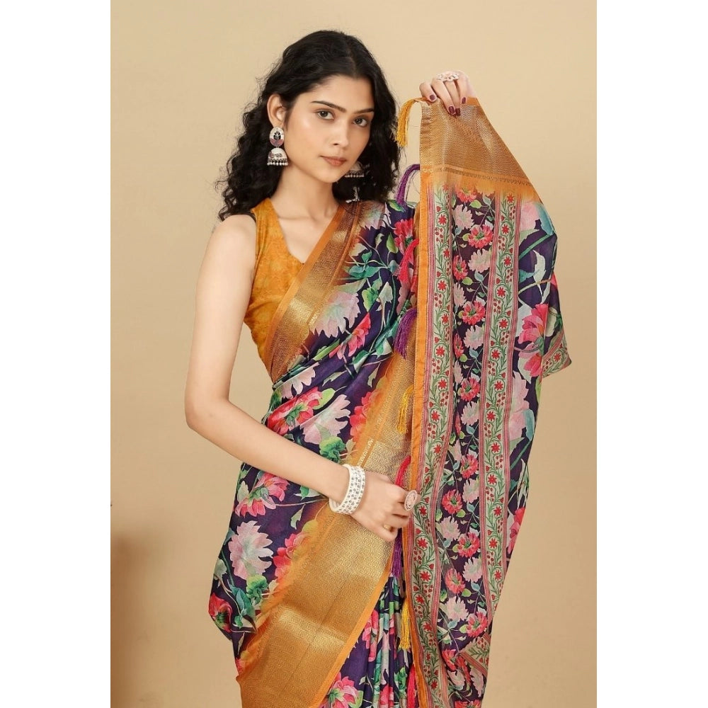 Amfyn Women's Cotton Silk Floral Printed Saree With Unstitched Blouse 5.5Mtr (Purple)