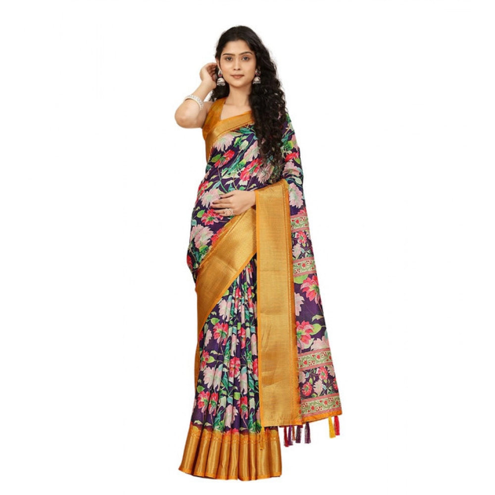 Amfyn Women's Cotton Silk Floral Printed Saree With Unstitched Blouse 5.5Mtr (Purple)
