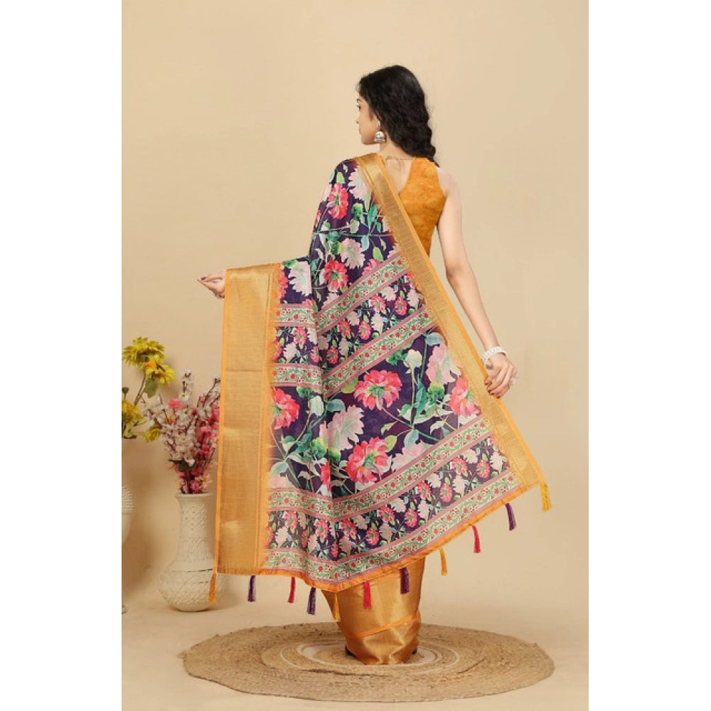 Amfyn Women's Cotton Silk Floral Printed Saree With Unstitched Blouse 5.5Mtr (Purple)