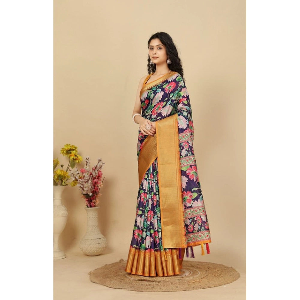 Amfyn Women's Cotton Silk Floral Printed Saree With Unstitched Blouse 5.5Mtr (Purple)