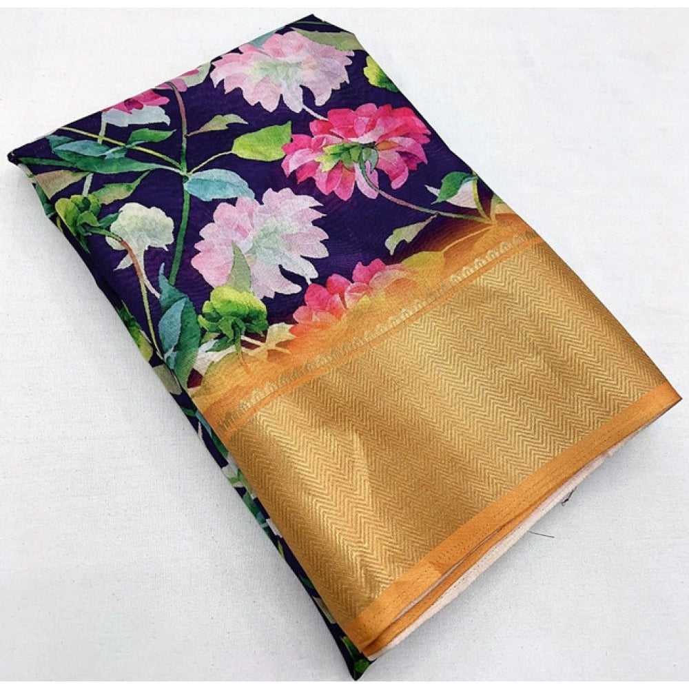 Amfyn Women's Cotton Silk Floral Printed Saree With Unstitched Blouse 5.5Mtr (Purple)