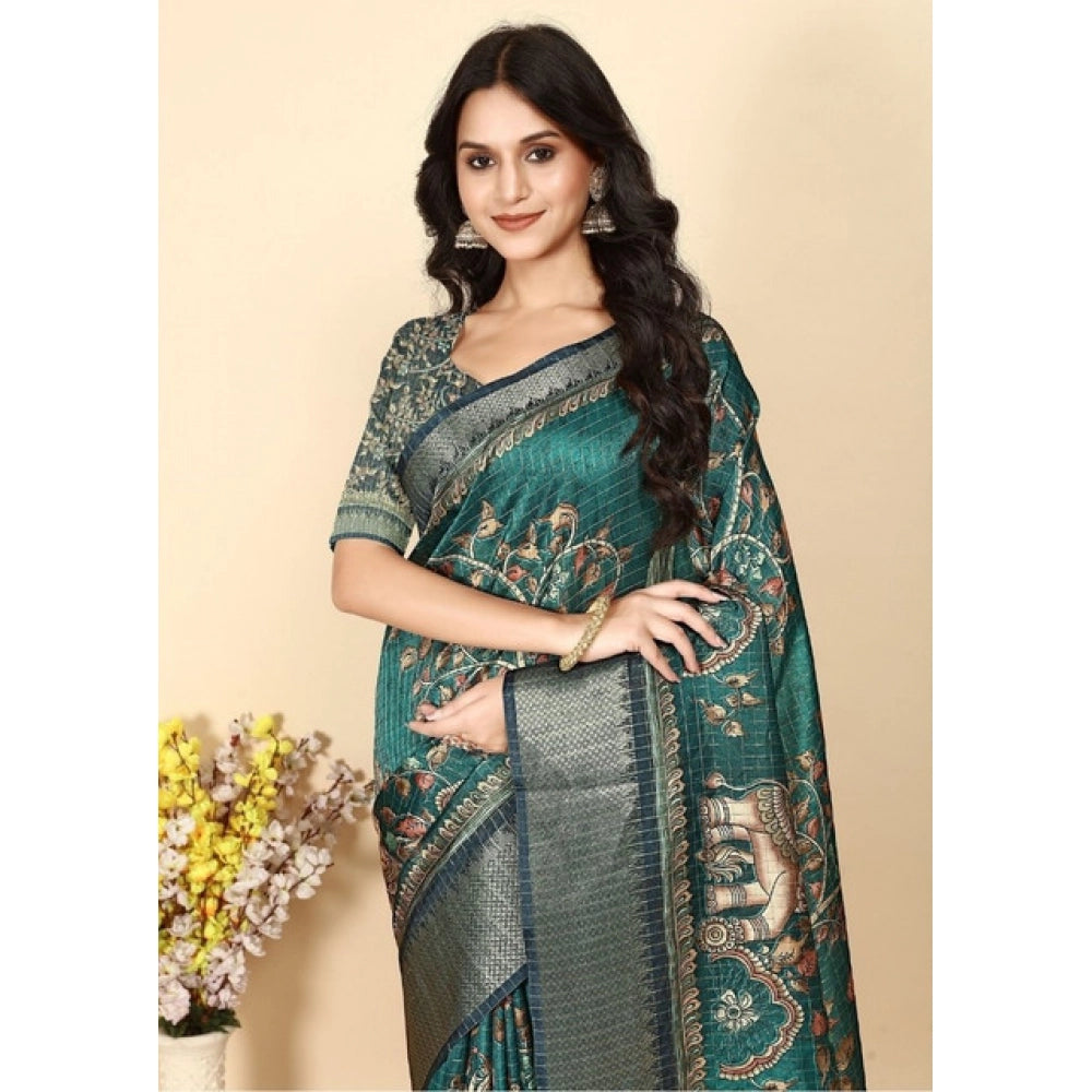 Amfyn Women's Cotton Silk Printed Saree With Unstitched Blouse 5.5Mtr (Teal)