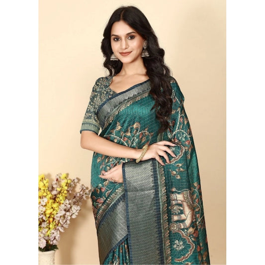 Amfyn Women's Cotton Silk Printed Saree With Unstitched Blouse 5.5Mtr (Teal)