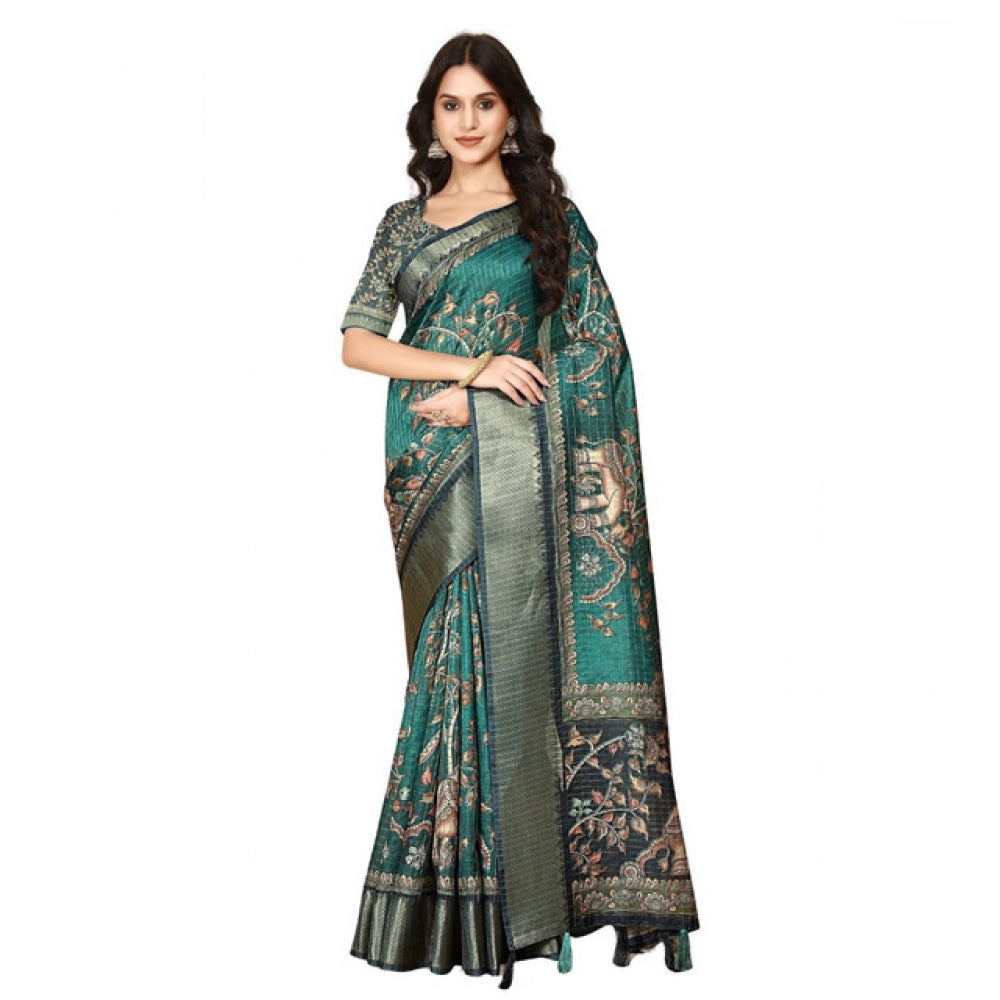 Amfyn Women's Cotton Silk Printed Saree With Unstitched Blouse 5.5Mtr (Teal)