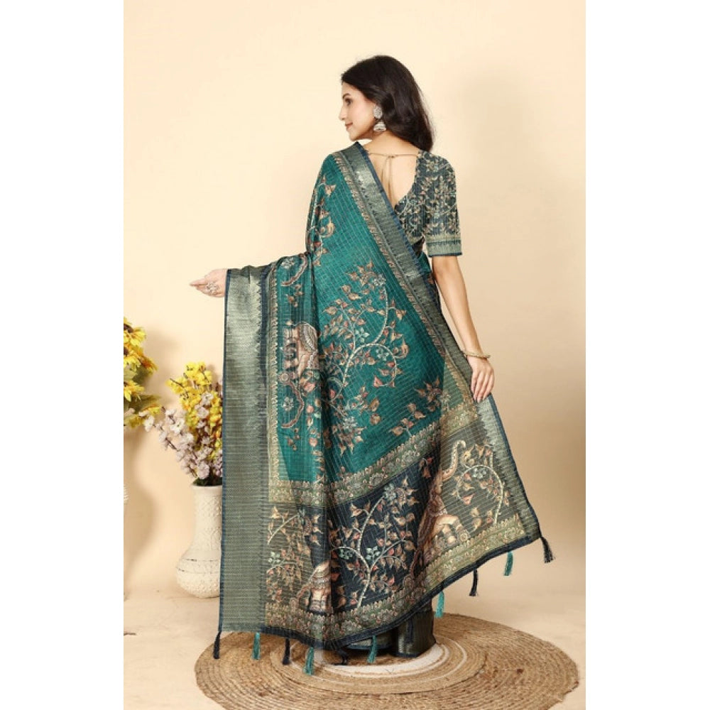 Amfyn Women's Cotton Silk Printed Saree With Unstitched Blouse 5.5Mtr (Teal)