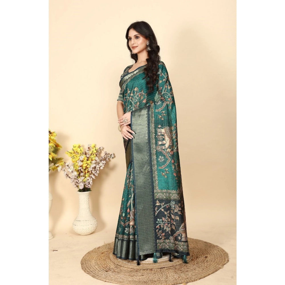 Amfyn Women's Cotton Silk Printed Saree With Unstitched Blouse 5.5Mtr (Teal)