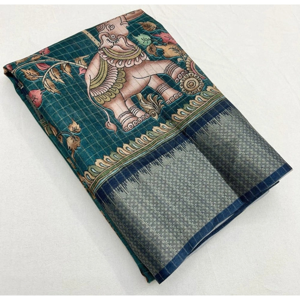 Amfyn Women's Cotton Silk Printed Saree With Unstitched Blouse 5.5Mtr (Teal)