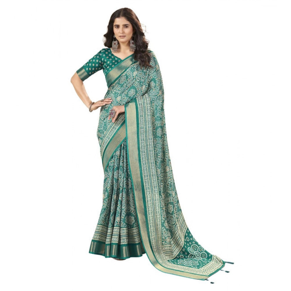 Amfyn Women's Cotton Silk Floral Printed Saree With Unstitched Blouse 5.5Mtr (Teal)