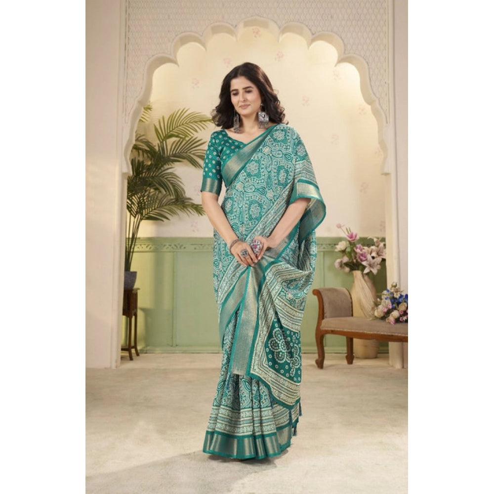 Amfyn Women's Cotton Silk Floral Printed Saree With Unstitched Blouse 5.5Mtr (Teal)